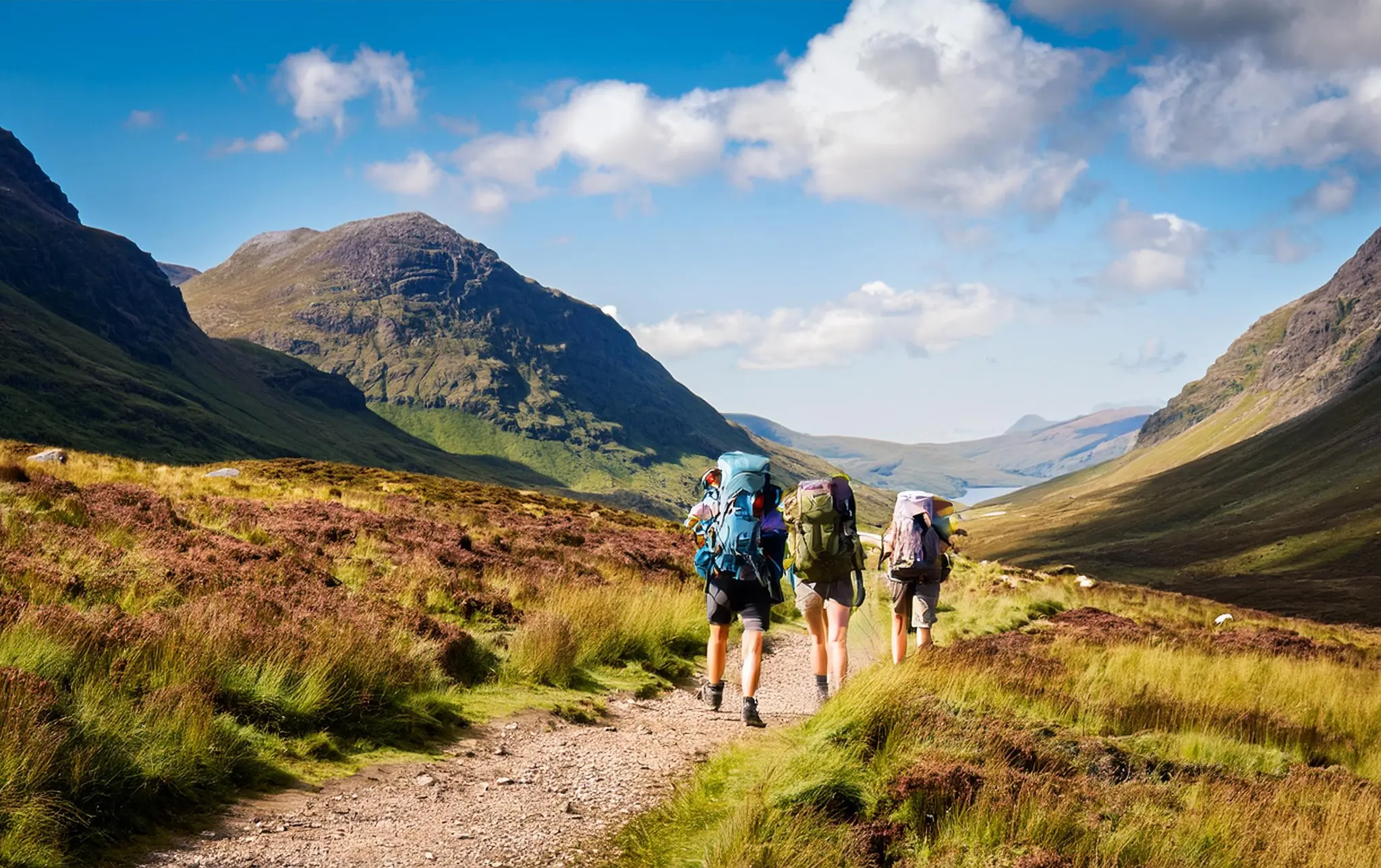 Walkers following a mountain trail through the Scottish Highlands